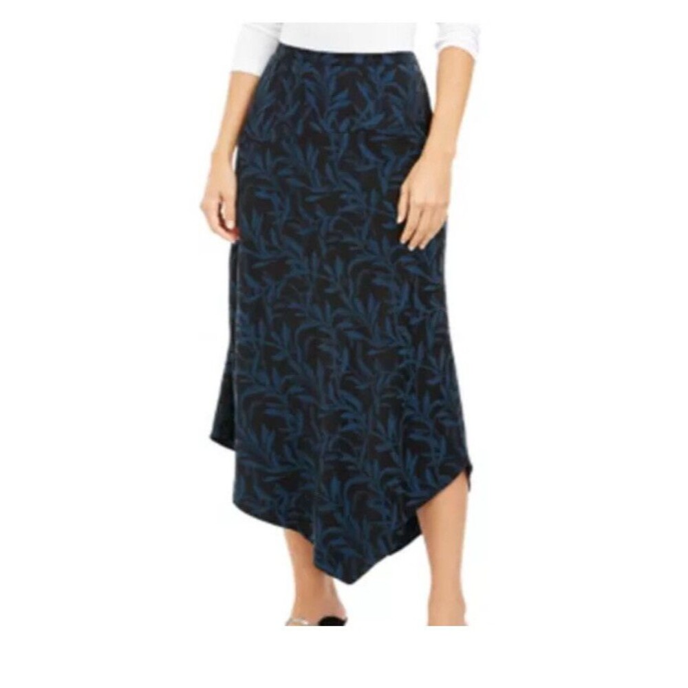Alfani Midi Skirt Size 14 Leafy Vines Print Asymmetrical Blue Black High Low Zip